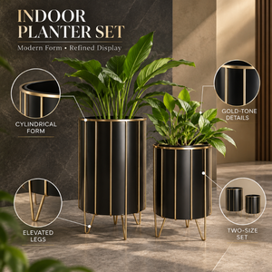 Ensemble de pots cylindriques noirs et dorés pour l'intérieur |   Jardinières surélevées en métal avec pieds pour salon, hôtel, bureau, maison, jardin - Ensemble de décoration - Product Image 5