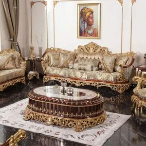 Hot Sale Luxury Hotel & Apartment Eco-Friendly Wood <b>Sofa</b> <b>Set</b> Gold Carvings Elegant European Design for Living Room Furniture - Product Image 1
