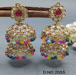 Twini ต่างหูโคมระย้า polki mehandi jhumki คลาสสิก A-7 SKU 2055ของผู้หญิงที่มีการออกแบบลายดอกไม้ทองเหลืองประดับทับทิม - Product Image 2