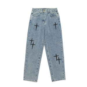 Jeans pour hommes à jambes larges et amples, style streetwear 2023, mode coréenne, denim décontracté, pantalon cargo, imprimé bleu - Product Image 1