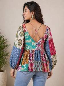 Wholesale Women Woven 100% Cotton Patchwork Print Boho Peplum Blouse Deep V Neck Long Sleeve <b>Cross</b> Back <b>Top</b> - Product Image 4