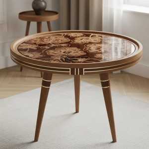 Luxury Round Solid Wood Coffee <b>Table</b> Elegant Floral Brass Inlay Side <b>Table</b> Mid Century Modern Accent <b>Table</b> Premium Living Room - Product Image 1