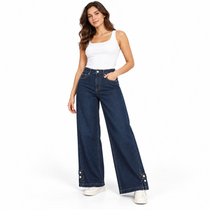 Jean en denim taille haute pour femme, coupe large, avec ourlet à boutons – Indigo foncé, extensible, lavable, offre ODM - Product Image 3
