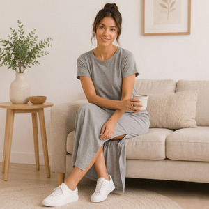 Ensemble de pyjama et de vêtements de détente pour femmes en polyester et coton, tricot jersey simple, confortable et respirant - Product Image 2