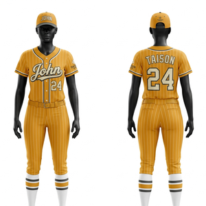 Women <b>Baseball</b> Uniform Premium 180 GSM Polyester Fabric Yellow Pinstripe Design Breathable Custom Embroidery Tackle Twill Logo - Product Image 1