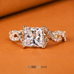 Anillo de compromiso con diamante talla princesa halo oculto, diamantes pavé retorcidos, anillo de diamante cultivado en laboratorio de 2 a 3 ct, sólido - Product Image 5