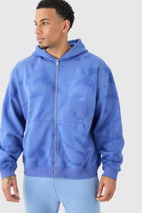 Custom Logo Acid Wash Plus Size Tall Men Zipper Hoodies Oversized Autumn Knitted Breathable Polyester/Cotton Blue Ribbed Bottom - Product Image 3