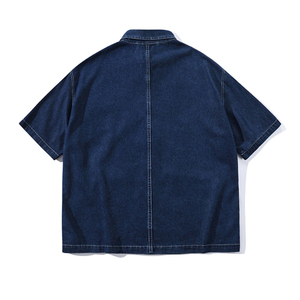 Chemises en jean amples à manches courtes pour hommes, style veste de travail oversize, en indigo brut, épaules tombantes, 100 % coton, écologiques - Product Image 2