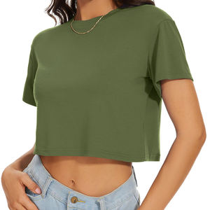 Women's <b>Olive</b> <b>Green</b> Crop Top Short Sleeve Crew Neck Casual <b>T</b>-<b>Shirt</b> 100% Cotton Jersey Knitted Breathable Spring Summer Wear - Product Image 3