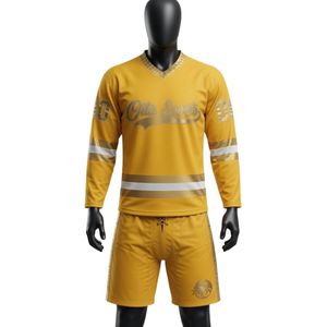 Ensemble short et maillot de hockey sur glace sublimé jaune or pour hommes, col en V, rayé, en polyester, tenue d'équipe athlétique, vêtements de sport d'entraînement - Product Image 1