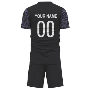Men Black <b>Soccer</b> Jersey With Purple Pattern Short Sleeve Crew Neck Moisture Wicking Sublimated Print Adult Regular Fit - Product Image 1