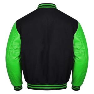 เสื้อแจ็คเก็ตวาร์ซิตี้สีน้ำเงินสำหรับผู้ชาย แขนหนัง PU สีดำ ปิดด้วยซิป สวมใส่สบายๆ ในฤดูใบไม้ร่วง - Product Image 1