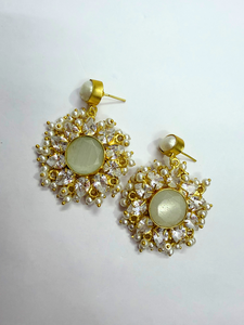 Ensemble de collier de mariée long en perles de cristal de préhnite et de pierre de lune naturelle avec boucles d'oreilles Maangtika, bijoux faits à la main en or 18 carats - Product Image 3