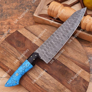 มีดเชฟเหล็กดามัสกัสขนาด 8 นิ้ว ผลิตตามสั่ง ด้ามจับสีเทอร์ควอยซ์ ตีขึ้นรูปด้วยมือ ใช้งานได้ทั้งสองมือ ออกแบบตามหลักสรีรศาสตร์ ทนทาน เป็นมิตรกับสิ่งแวดล้อม - Product Image 3