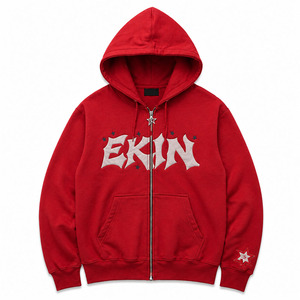 Sweat-shirt à capuche zippé rouge pour homme <span class=keywords><strong>EKIN</strong></span>, style streetwear oversize en coton French Terry avec logo imprimé en relief et écusson étoile - Product Image 1