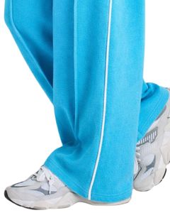 Pantalones de chándal de forro polar azul cielo para mujer, de pierna ancha, con ribete lateral, cintura elástica con cordón, ajuste holgado informal, estilo jogger, para estar en casa - Product Image 6