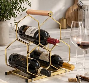 Porte-vin moderne en laiton avec poignée en bois, capacité 3 bouteilles, design minimaliste pour la présentation à domicile - Product Image 4