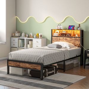 <b>Twin</b> Size Metal <b>Bed</b> <b>Frame</b> with Storage Headboard Charging Station & Bookcase No Box Spring Needed - Product Image 4