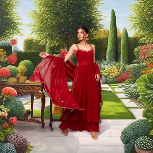 Conjunto de Kurti Rojo de Diseñador, Corte Ajustado y Largo, con Pantalones Palazzo Anchos, Bordado Anarkali, Ropa India para Fiestas, 3 Piezas, Personalizado, Venta al Por Mayor - Product Image 1