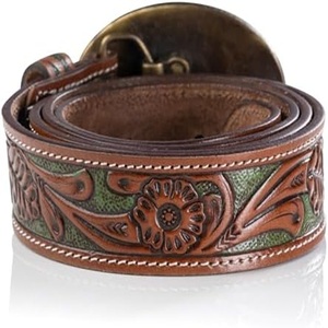 Ceinture en cuir pleine fleur de luxe turquoise, sculptée à la main avec motifs floraux en relief, style western, pour unisexe, avec boucle en cuir 3D motif cerf - Product Image 2