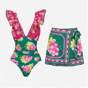 Floral Print Women's 2 Piece Tankini <b>Set</b> With Ruffled Neckline And <b>Skirt</b> Bottoms Stretch Swimwear - Product Image 1