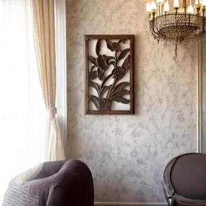 Panneau mural en bois floral artisanal avec cadre |   Décoration murale sculptée à motif floral pour le salon (Lot de 1) - Product Image 3