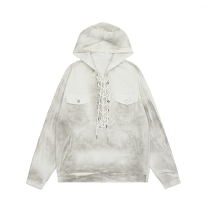 Sweat-shirt à capuche en denim unisexe, style rétro américain, délavé et vieilli, avec design de sangles tendance - Product Image 4