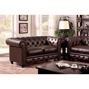 Divanetto Contemporaneo in Similpelle Marrone con Bottoni Trapuntati, Braccioli Arrotolati e Finiture con Borchie per Soggiorno - Product Image 6