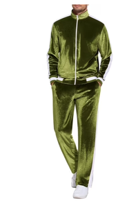Men's Olive Green Velvet Tracksuit Full Sleeve Turn-<b>down</b> Collar Casual Jogger <b>Pants</b> Set Solid Color Breathable Midweight Regular - Product Image 5
