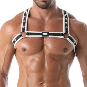 Arnés de pecho de neopreno para hombre, estilo bulldog, blanco, de cuero sintético, ajustable, transpirable, ecológico, con encaje, para clubwear y fetichismo. - Product Image 1