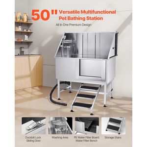 Stazione di lavaggio per cani in acciaio inossidabile da 50 pollici con scale antiscivolo, rubinetto caldo/freddo e doccetta, vasca esterna per toelettatura animali - Product Image 2