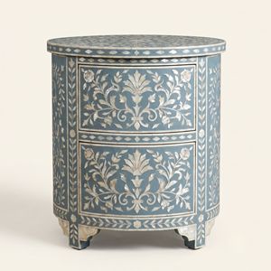 Mesita de Noche Redonda Azul Claro de Lujo con 2 Cajones, Mesita de Noche con Incrustaciones Florales Hechas a Mano, Muebles Vintage para Dormitorio - Product Image 2