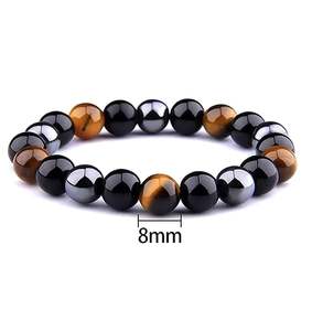Bracelet rond en hématite et pierres naturelles fait main pour hommes et femmes, triple protection Feng Shui, taille 8-10 mm, bijoux de mode énergétiques - Product Image 2
