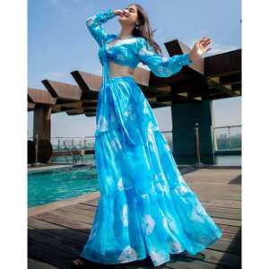 ชุดเดรสเลเฮนกาแบบครอปท็อปทรงเอไลน์สีน้ำเงินมายา ผ้าชีฟอง เอวธรรมชาติ - Product Image 6