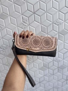High Quality 2026 Hand <b>Tooled</b> Carving <b>Leather</b> Clutch Stylish Hair On Hide Multi Uses Western Women's Wrist Wallets - Product Image 5