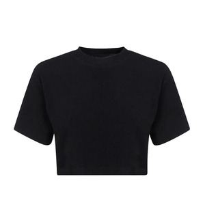 Débardeur court en tricot noir pour femme, 100% coton respirant, col rond, manches courtes, couleur unie, décontracté - Product Image 1