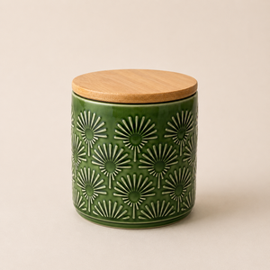 Decorative Ceramic Storage Canister <b>Bamboo</b> Lid Floral Embossed Airtight Kitchen Jar Elegant Counter Organizer Premium Style - Product Image 1