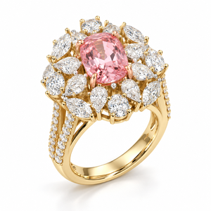 Anillo de lujo con halo de flores de diamantes cultivados en laboratorio de oro amarillo de 14K, 3.5 CTS, rosa elegante, corte cojín y formas mixtas, joyería OEM personalizada - Product Image 1