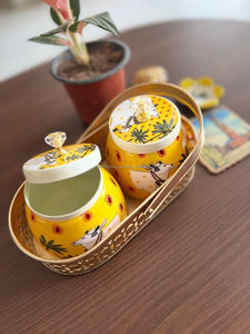 Custom Printed Yellow Hand Painted Jar Set Brass Basket Metal <b>Storage</b> Jar Candy Box Manufacturer Exporter - Product Image 3