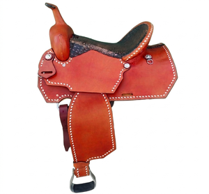 Silla de montar western de cuero para caballo con estructura de fibra de vidrio, silla de montar larga para equitación, silla de vaquero Roughout con adornos de alambre de púas - Product Image 1