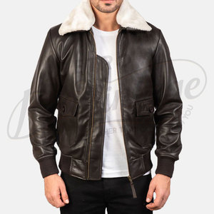 Blouson aviateur G-1 en cuir véritable marron foncé pour homme, col en fausse fourrure blanche, deux poches à rabat, bordure côtelée - Product Image 5