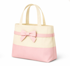 Bolsa de Mano de Lona a Rayas Rosa y Crema Ecológica Premium con Lazo Rosa, Tamaño Mediano, para Compras, Estilo Bonito, Uso Diario - Product Image 2