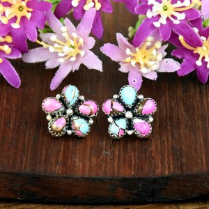 Pendientes de botón vintage con racimo de gemas turquesa y algodón de azúcar, estilo bohemio occidental, hechos a mano, joyería para mujer - Product Image 1
