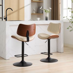 Sgabelli da Bar in Legno di Noce Curvato, Stile Moderno Mid-Century, Altezza Regolabile, Rivestimento in Pelle Nera, Girevoli a 360 Gradi - Product Image 1