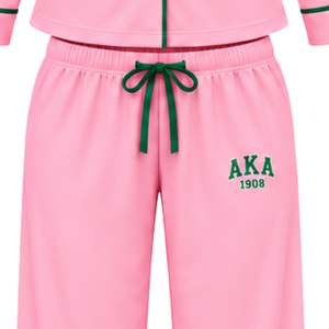Women's Pink Pajama Set with Green Piping and AKA® 1908 Embroidery <b>Long</b> Sleeve Button Front Shirt Matching Drawstring Trouser - Product Image 6
