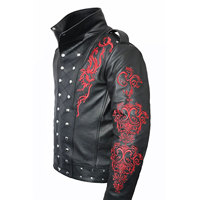 Veste en cuir gothique noire pour homme avec broderie rouge, col montant, double boutonnage, coupe ajustée, pour l'hiver