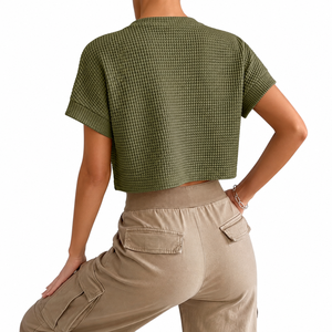 Women's Olive <b>Green</b> Waffle Knit Lace <b>Crop</b> <b>Top</b> Short Sleeve Crew Neck Loose Fit Casual Solid Color Cotton Bamboo Spring Summer - Product Image 4