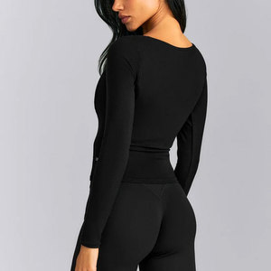 Compression Quick Dry Four Way Stretchable Women's Deep Neck Anti-Pilling Material Ribbed Crop Length Exercise <b>Long</b> <b>Sleeve</b> - Product Image 2