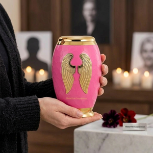 Urne funéraire artisanale en laiton, finition rose, ailes d'ange dorées, durable, de haute qualité, pour commémoration et décoration funéraire – Meilleures ventes - Product Image 3