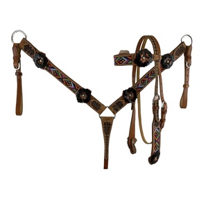 Conjunto de cuello de pecho con cuentas azteca occidental de cuero de vaca genuino, flor pintada en 3D, estilo indio, fabricado por el proveedor - Product Image 1